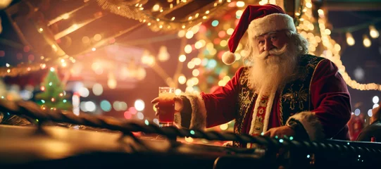  Santa Claus pirate captain drinking on deck of wood sailing ship decorated with Christmas lights at garlands at night, outdoor at sea, winter holiday season, wide banner, copyspace © Sunshower Shots