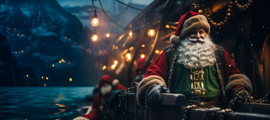 Obraz premium Santa Claus pirate captain on deck of wood sailing ship at night, outdoor at sea, winter holiday season, wide banner, copyspace