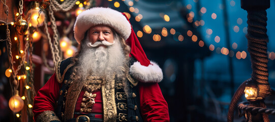 Santa Claus pirate captain on deck of wood sailing ship decorated with Christmas lights at night,...