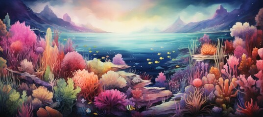Fantasy underwater sea reef coral background. Drawing illustration design. Generative AI technology.