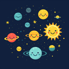 Sun and Moon Solar System Planets Space Icons on Solid Background