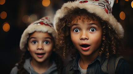 Two kids are wearing Christmas attire and stocking caps and are blown away - shocked and surprised - can’t believe the news - astounded - seasonal humor - holiday spirit  - obrazy, fototapety, plakaty