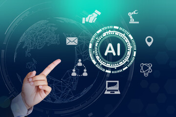 AI, artificial intelligence, businessman hand for social media icons artificial intelligence, AI learning and artificial intelligence technology concept..