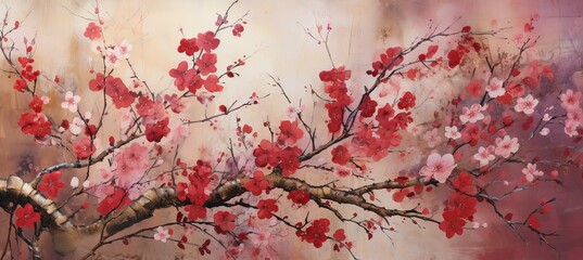 Cherry blossoms trees branch traditional oriental painting style background. Generative AI technology.   © Hero Design