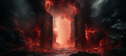 Door to the hell with red light effect. Generative AI technology.	

