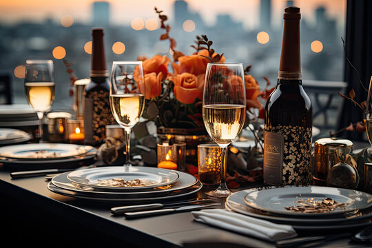 a table setting with plates, glasses and wine bottles in the image is blured by the light coming through the window
