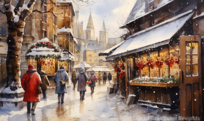 Fototapeta na wymiar Christmas market vintage watercolor scene