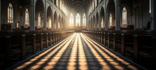Classic modern church interior. Generative AI technology. - obrazy, fototapety, plakaty