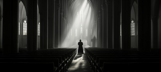 Silhouette of Christian pastor at church background. Generative AI technology.	
 - obrazy, fototapety, plakaty
