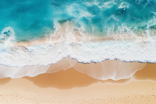 aerial photo of beautiful summer sandy beach and blue ocean with copy space, top view from drone. Summer seascape beautiful waves. blue sea water in sunny day. Sea aerial view. Generative AI