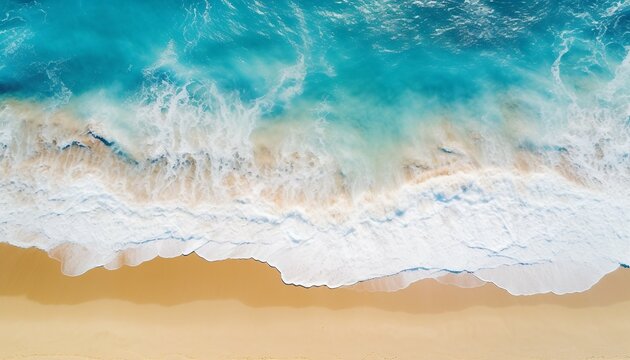 aerial photo of beautiful summer sandy beach and blue ocean with copy space, top view from drone. Summer seascape beautiful waves. blue sea water in sunny day. Sea aerial view. Generative AI