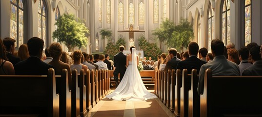 Bride and groom wedding ceremony at church. Generative AI technology.	
