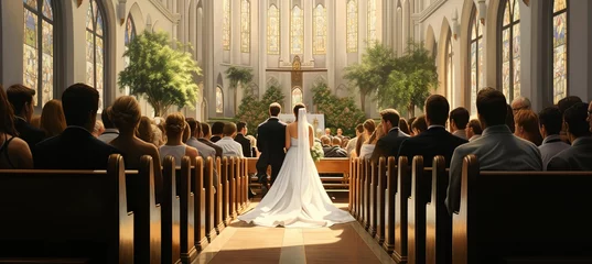 Fotobehang Bride and groom wedding ceremony at church. Generative AI technology.   © Hero Design