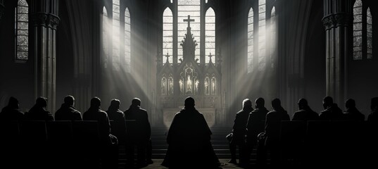 Dark cult praying at church. Generative AI technology. - obrazy, fototapety, plakaty
