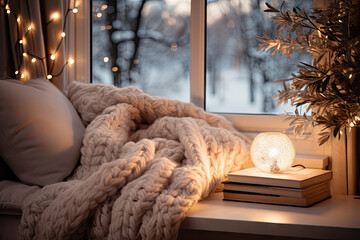 a white blanket on a window sie next to a book and a lit candle in front of the window - Powered by Adobe