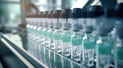 Medical vials on production line at pharmaceutical factory, Pharmaceutical machine working pharmaceutical glass bottles production line, health care, pandemic
