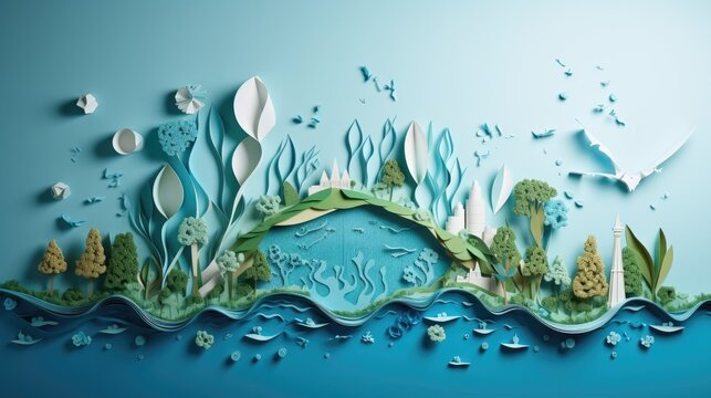 Ecology and world water day, Saving water and world Environment day, environmental protection and save earth water, Paper art.