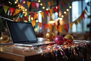 a laptop computer on a table with christmas decorations and garlands in the background, as seen from the side