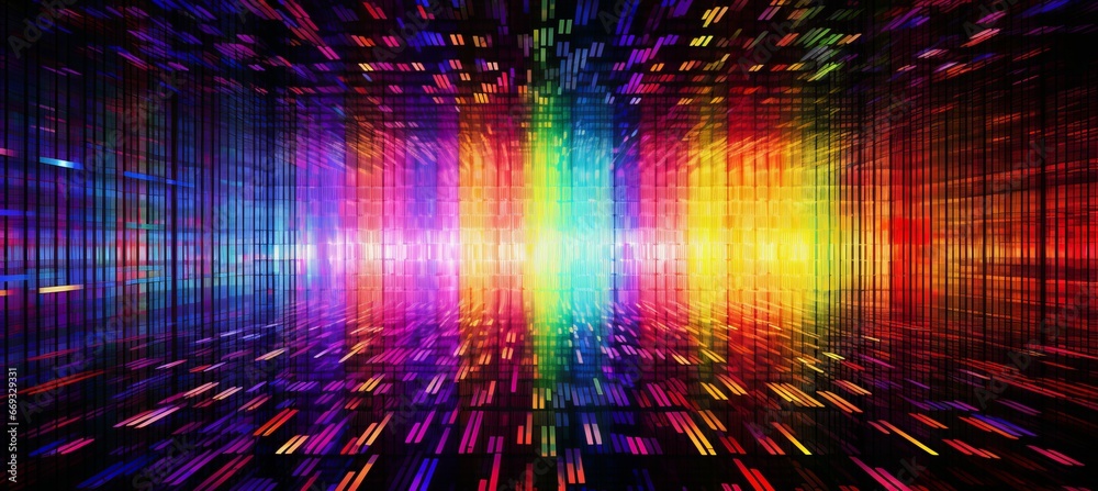 Poster colorful light particles metaverse space technology background. generative ai technology.
