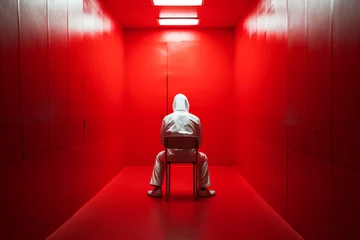 Fotobehang A man in a psychiatric hospital in a locked red room, wearing a white straitjacket. A madman in a white straitjacket in a red room. Schizophrenia in a person. View from back © Uliana