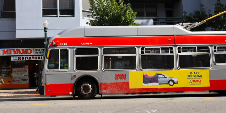 San Francisco, California &ndash; October 20, 2023: SFMTA MUNI San Francisco Municipal Tranportation Agency Bus in downtown San Francisco