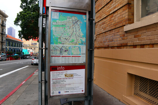 San Francisco, California &ndash; October 20, 2023: SFMTA MUNI San Francisco Municipal Tranportation Agency Bus Stop in downtown San Francisco