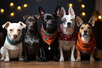 three dogs wearing bandas and sitting on a wooden floor in front of a christmas tree with lights behind them