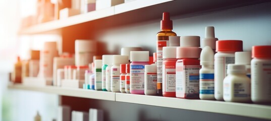 Pharmacy pills and drugs at store shelf. Generative AI technology.	

