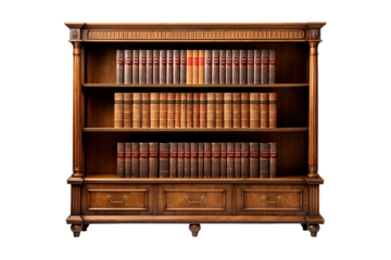 Luxury wooden bookcase 3 tier with drawers on transparent background