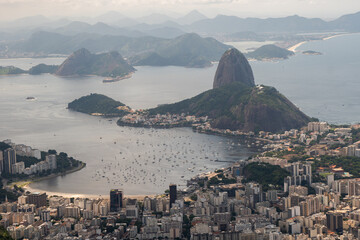 View over Rio de Janeiro in daylight, Sugarloaf Mountain Pao de Acucar and Guanabara Bay, Brazi
