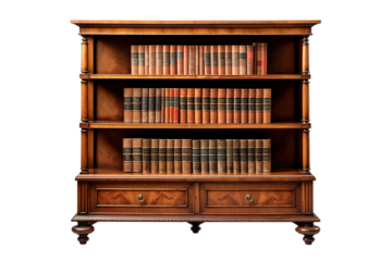 Luxury wooden bookcase 3 tier with drawers on transparent background