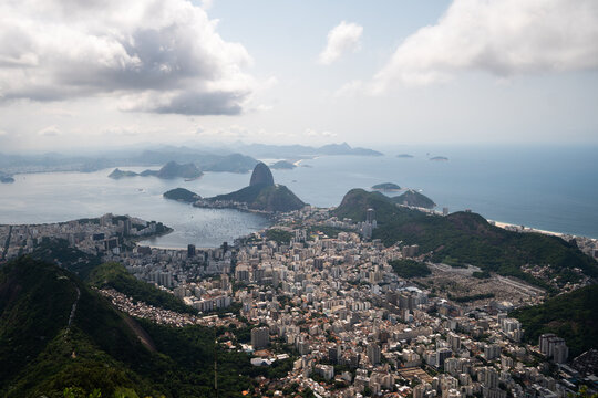 View over Rio de Janeiro in daylight, Sugarloaf Mountain Pao de Acucar and Guanabara Bay, Brazi