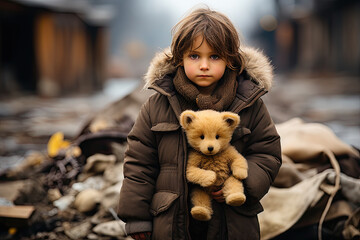 a little girl holding a teddy bear in her arms and looking at the camera with an overcasted look on her face