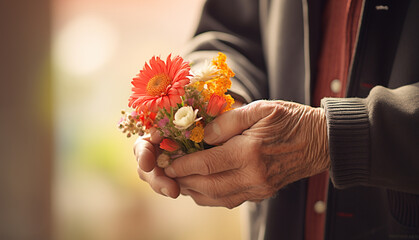 小さな花束を持つ老人の手