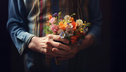 小さな花束を持つ老人の手 - obrazy, fototapety, plakaty