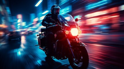 Police officer riding motorbike at night street. Blurred bokeh speed effect. Generative AI...