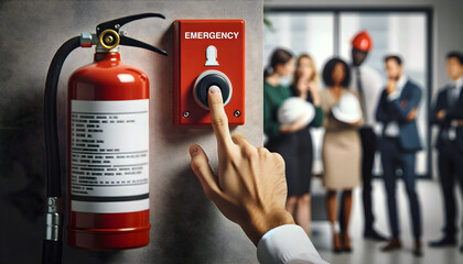 Activating emergency button. Finger presses a button near fire extinguisher, with office workers and safety helmets ready