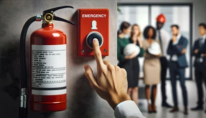 Foto op Canvas Activating emergency button. Finger presses a button near fire extinguisher, with office workers and safety helmets ready © Sunshine Design