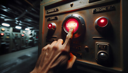 Finger pressing a red launch button in an underground missile silo - obrazy, fototapety, plakaty