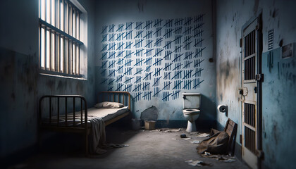 Old prison cell wall etched with tally marks to count the number of days incarcerated - obrazy, fototapety, plakaty