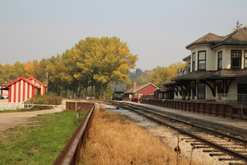 Fototapeta na wymiar railway in the autumn, Fort Edmonton Park, Edmonton, Alberta