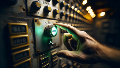 Finger hesitates over green launch button in a dimly lit, rusty environment