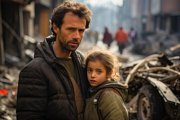 a man and a little girl standing in front of a pile of junks on the side of a road