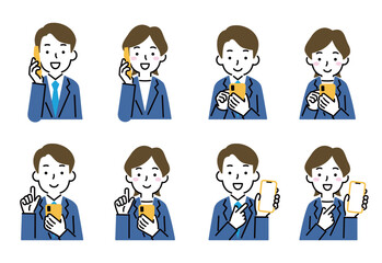 スマホを使うスーツを着た男女セット