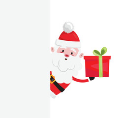Christmas illustration with a blank banner and Santa Claus standing behind it and showing a red gift box