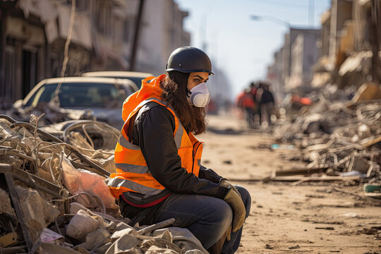 a woman in an orange vest sitting on the ground next to a pile of junks and trash bines