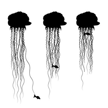 Stages of eating fish of Portuguese man o' war vector black illustration isolated on white background. Silhouette of dangerous Physalia physalis.