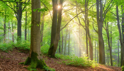 Obraz premium Dense Natural Forest of Beech and Oak Trees with Sunbeams through Morning Fog