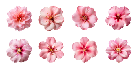 Collection of various pink flowers isolated on a transparent background