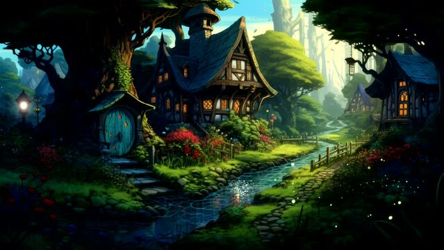 wooden house in forest fantasy of fairy house green grass amazing video looping scenery 4k